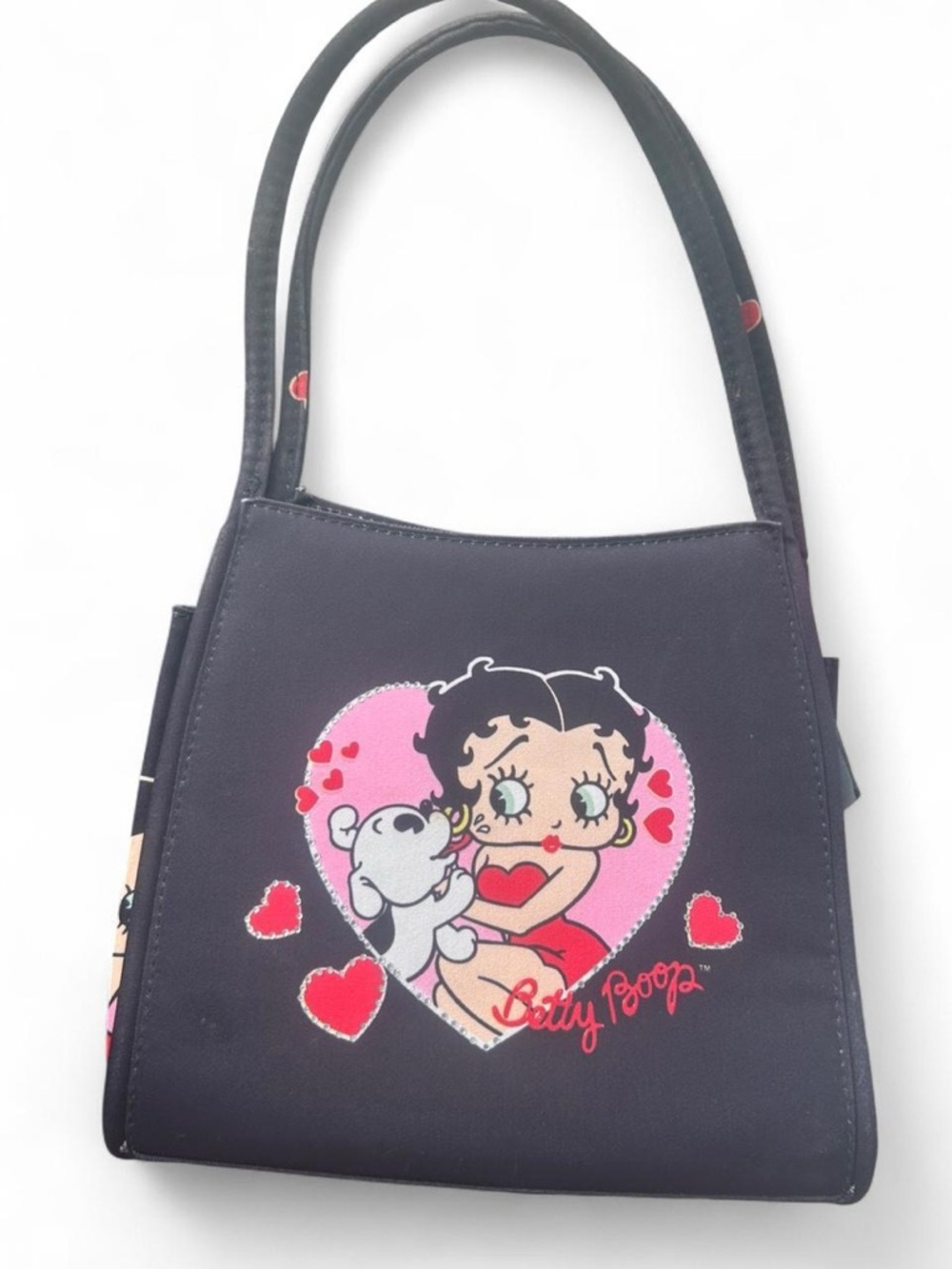 Betty Boop Black Shoulder Bag with Pink Heart Graphic